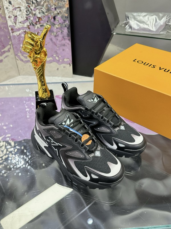 2025 Men Louis Vuitton Black Grey Mesh Leather Sneakers MJ00420