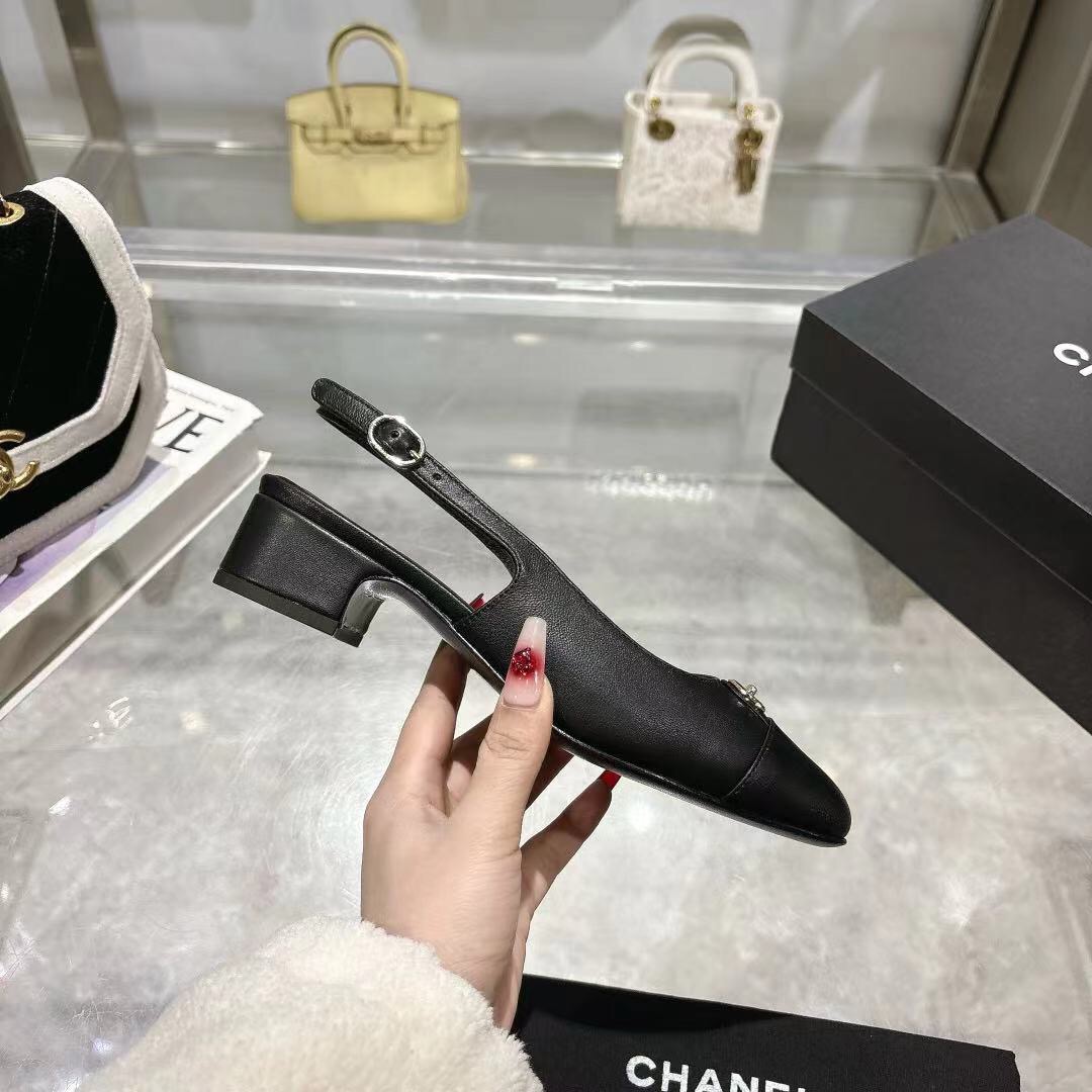 2025 Women Chanel Black Leather Slingback Pumps LY00300