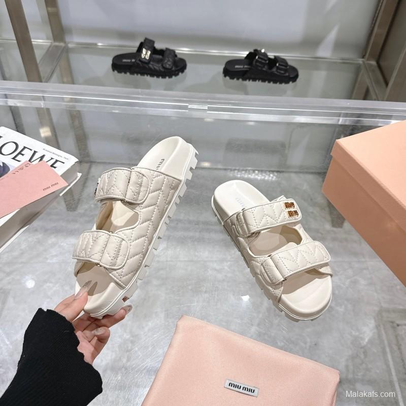 2025 Women Miu Miu White Leather Sandals