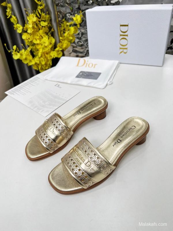 2025 Women Dior Gold Leather Slides