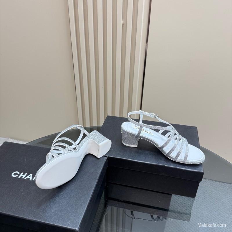 2025 Women Chanel Silver Leather Sandals