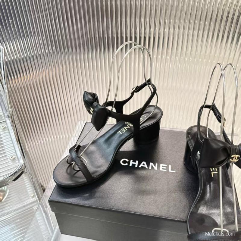 2025 Women Chanel Black Lambskin Bowknot Sandals LY00260