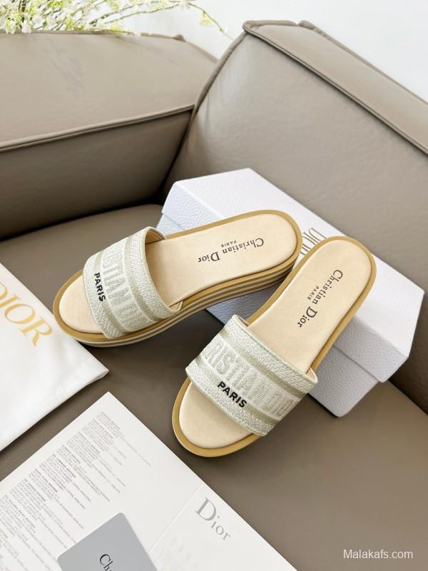 2025 Women Dior White Beige Canvas Platform Slippers