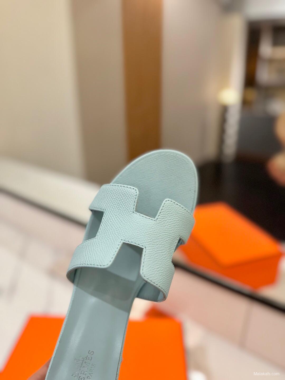 2025 Women Hermès Light Blue Leather Sandals