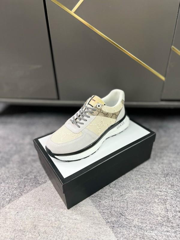 2024 Men Gucci Beige Brown Canvas Leather Sneakers MJ00260