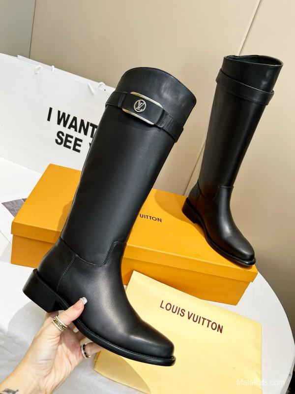 2024 Women Louis Vuitton Black Full Grain Leather Knee High Boots MJ00400