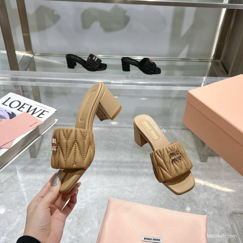 2025 Women Miu Miu Beige Lambskin Heeled Sandals MDR00123