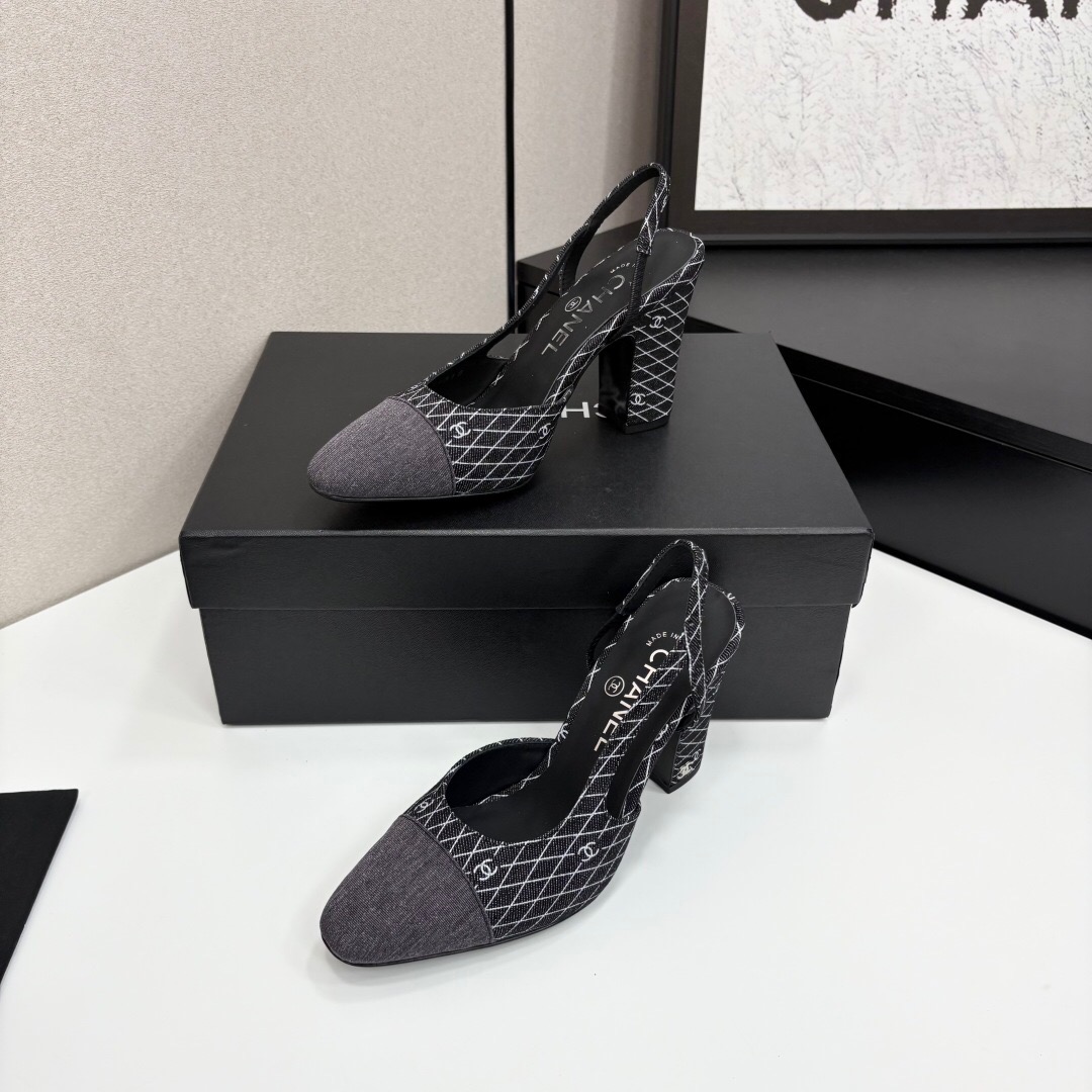 2025 Women Chanel Black Grey Fabric Slingback Heels LY00270