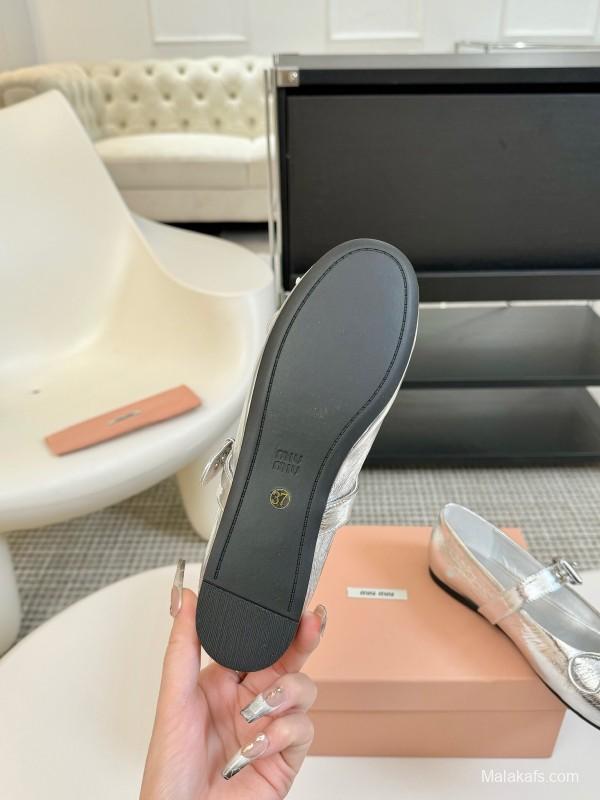 2025 Women Miu Miu Silver Leather Mary Jane Buckle KFY00300