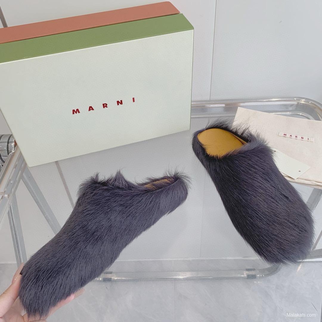 2024 Women Marni Gray Pony Hair Mules MJ00320