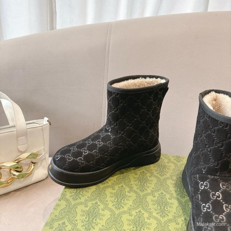2024 Women Gucci Black Suede Shearling Snow Boots MJ00350