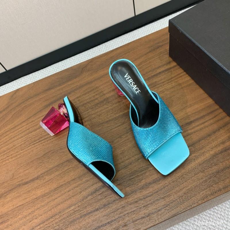 2025 Women VERSACE Blue Leather Slippers
