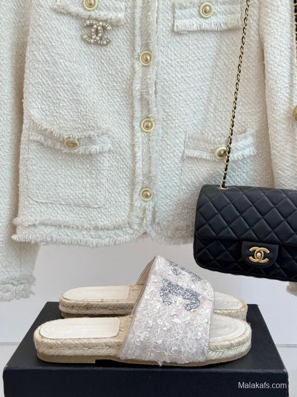 2025/Women Chanel White Lace Espadrille Slides With Sequined CC Logo KFY00240(F)