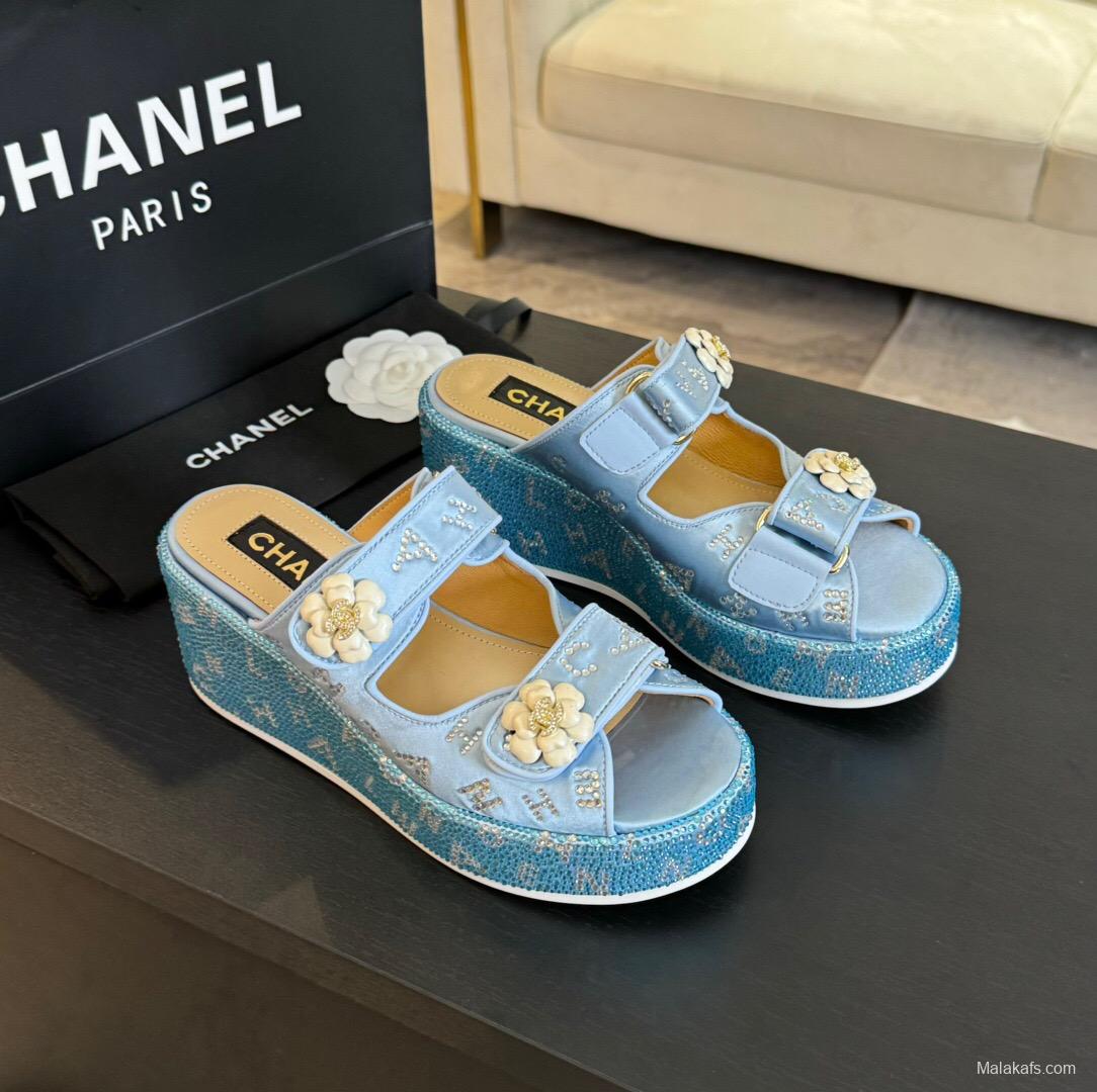 2025 Women Chanel Blue Denim Leather Platform Slippers LY00330