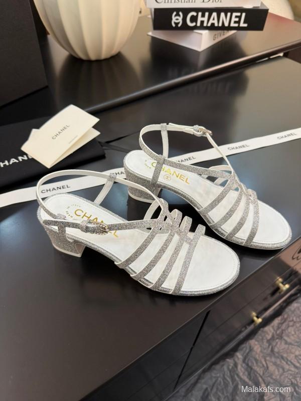 2025 Women Chanel White Synthetic Leather Sandals