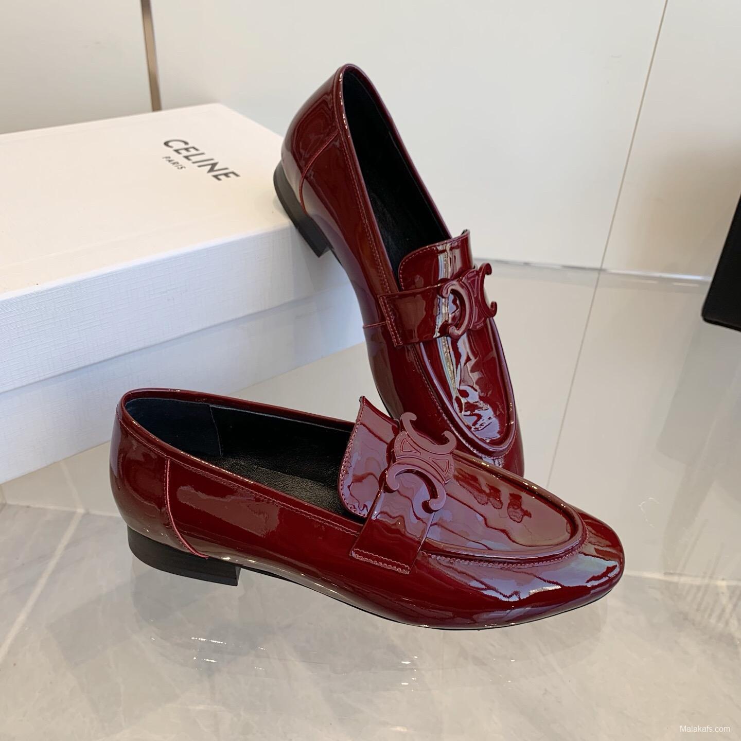 2025 Women CELINE Burgundy Patent Leather Loafers