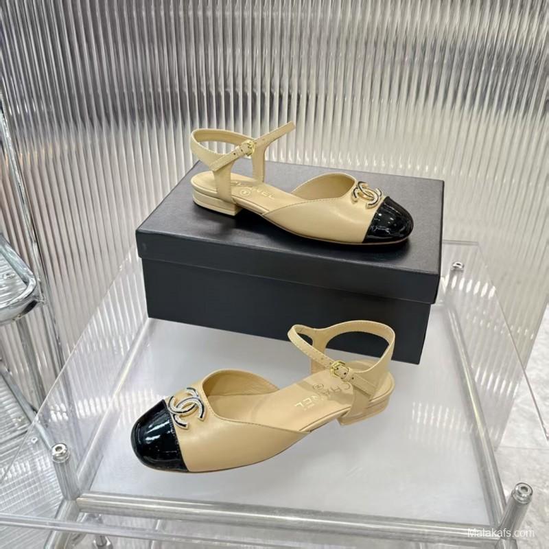 2025 Women Chanel Beige Black Leather Slingback Flat Sandals LY00260