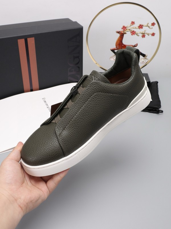 2024 Men Ermenegildo Zegna Dark Green Leather Sneakers MJ00240