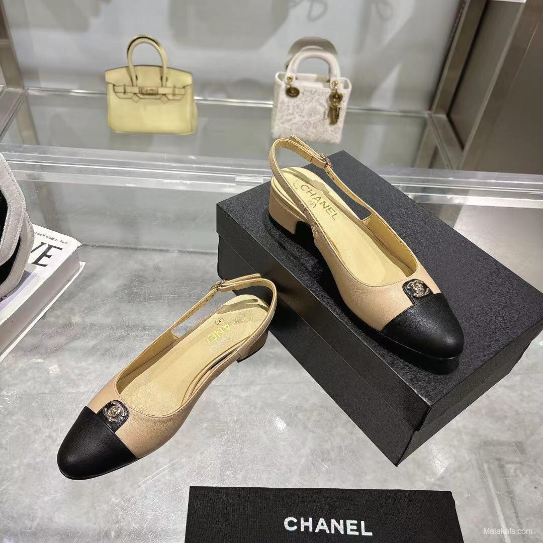 2025 Women Chanel Beige Black Leather Slingback Sandals LY00300