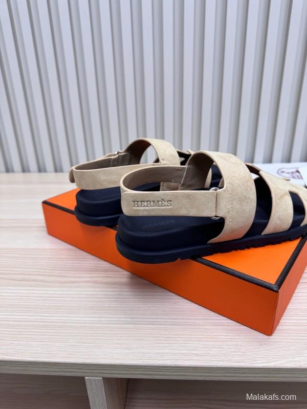 2025 Slippers Hermès Beige Black Suede Leather Sandals
