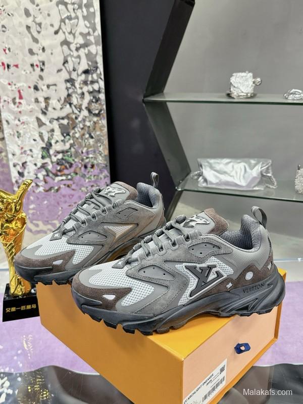2025 Men Louis Vuitton Grey White Mesh Leather Sneakers MJ00420