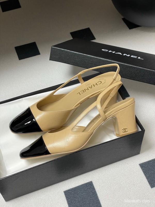 2025 Women Chanel Beige Black Leather Sling-back Classic Heel