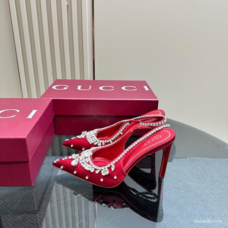 2025 Women Gucci Red Satin High Heel Slingback Crystal MJ00340