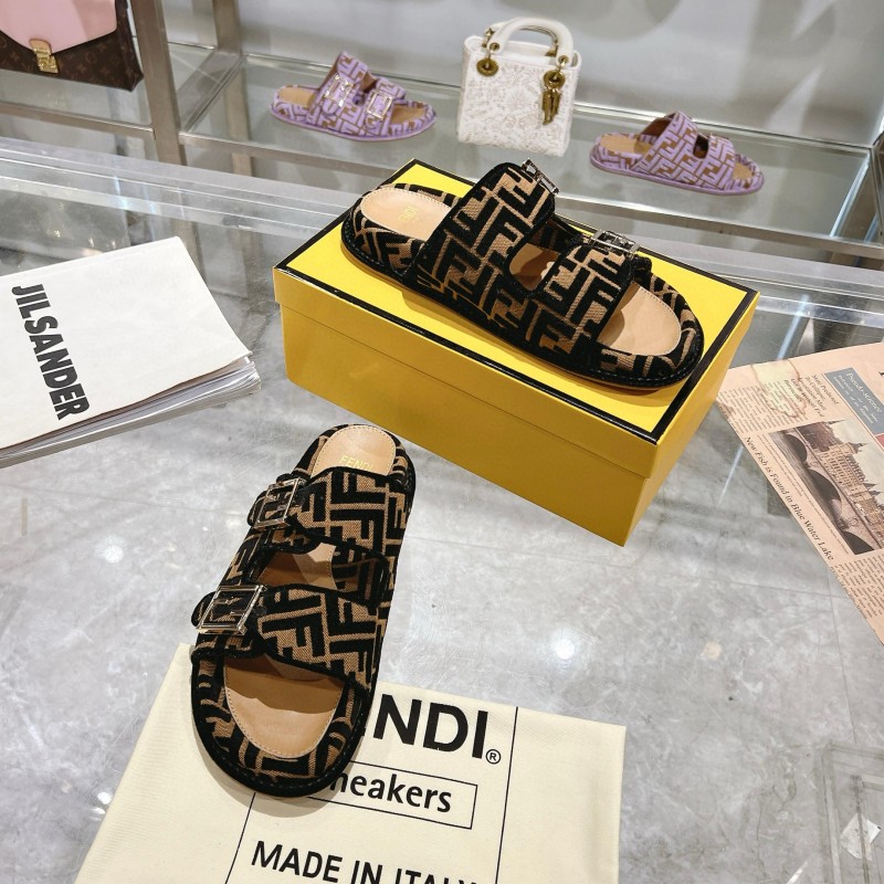2025 Fendi Black Beige Jacquard Fabric Leather Slippers
