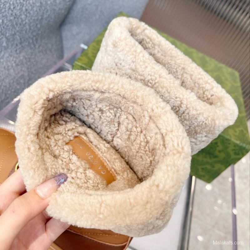 2024 Women Gucci Brown Tan Leather Shearling Lined Snow Boots MJ00420