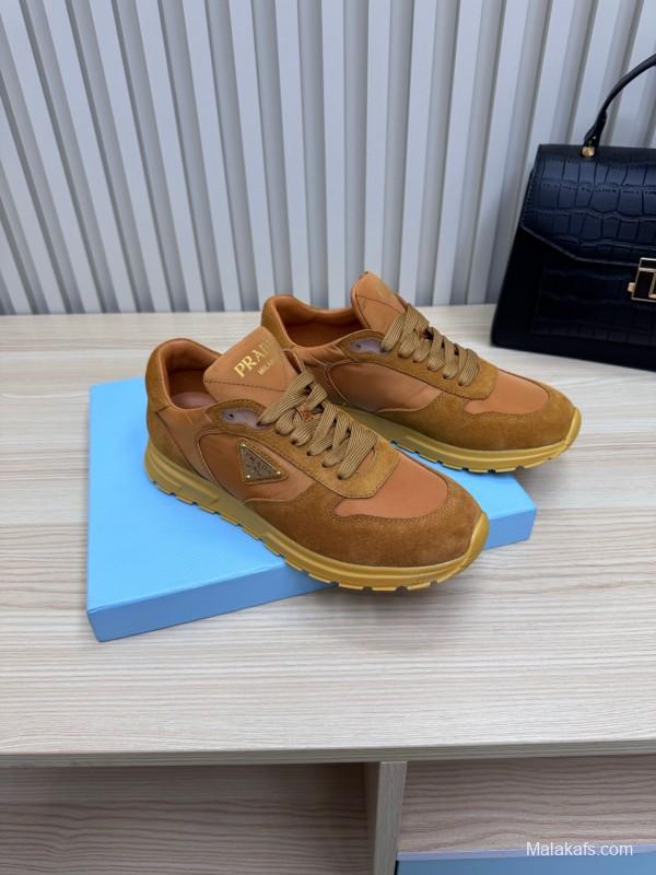2025 Women Prada Brown Suede Nylon Sneakers LY00300