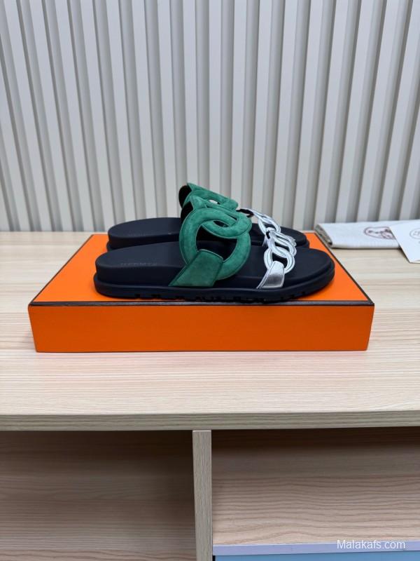 2025 Slippers Hermès Green Black Suede Leather Slippers