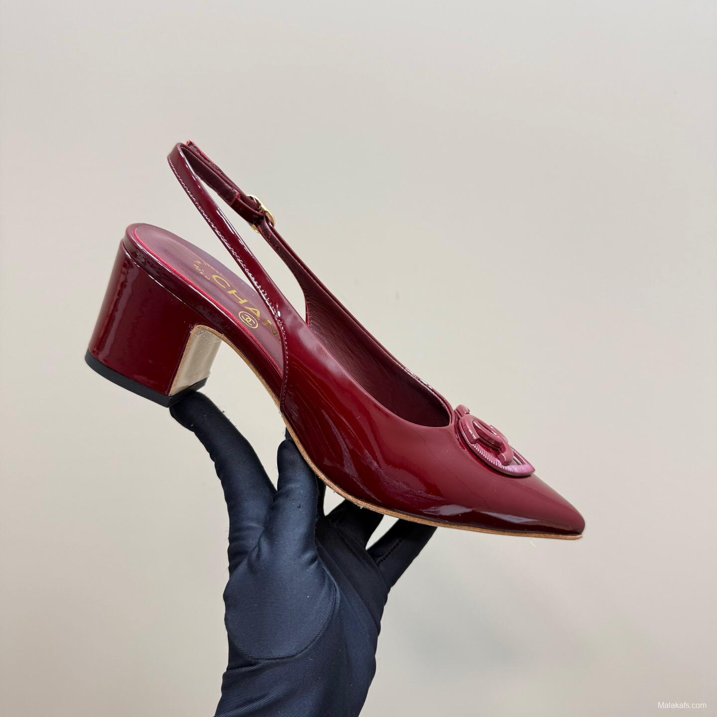 2025 Women Chanel Burgundy Patent Leather Slingback Pumps