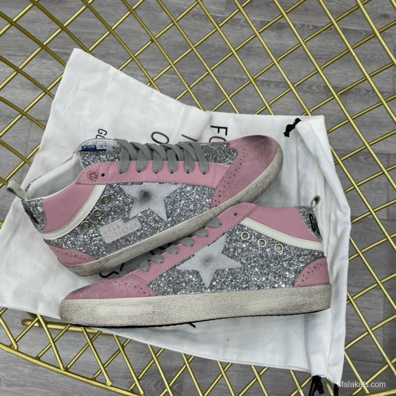 2024 Women GGDB Pink Silver Suede Leather High Top Sneakers MJ00300