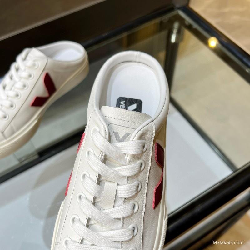 2025 Women VEJA White Burgundy Canvas Leather Slip-On Sneakers