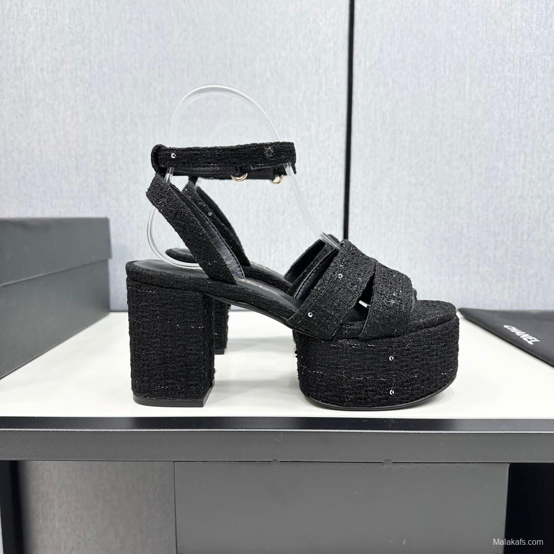2025 Women Chanel Black Fabric Platform Sandals KFY00310