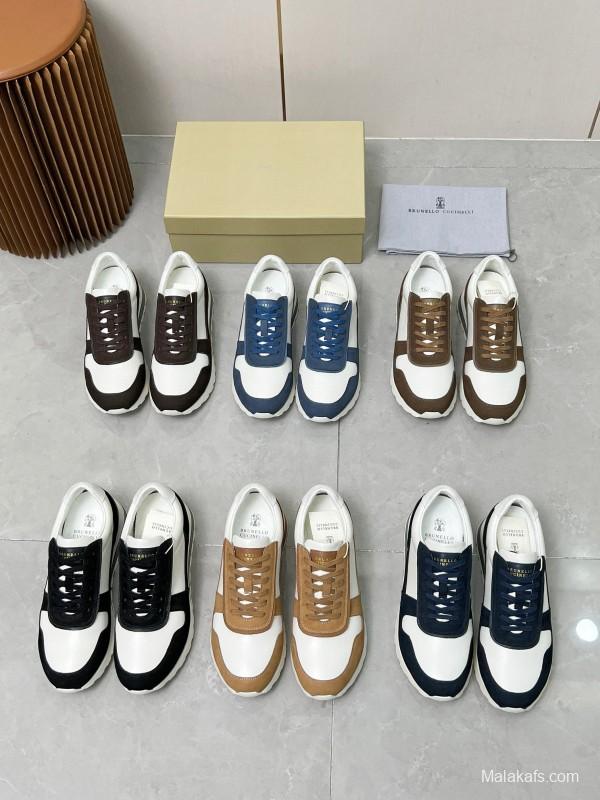 2024 Unisex Brunello Cucinelli White Brown Suede Leather Sneakers MJ00360