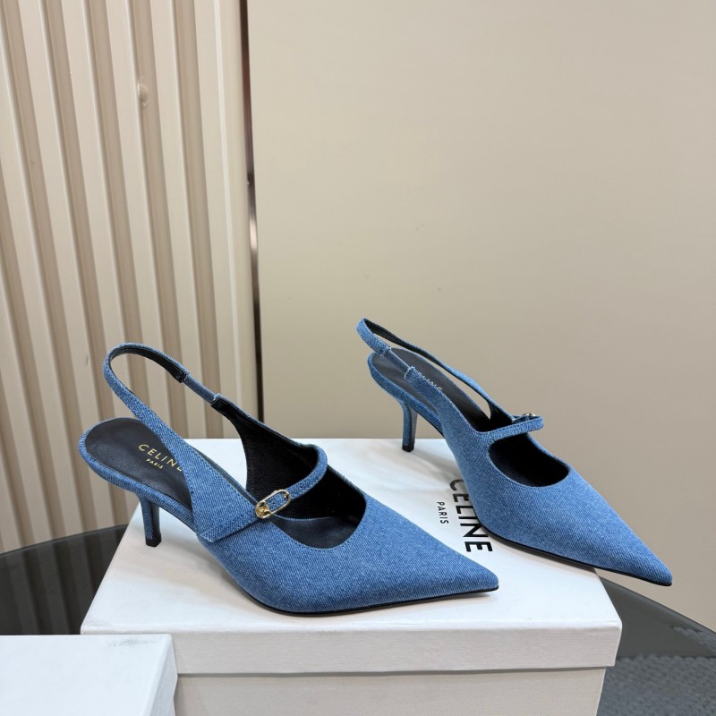 2025 Women CELINE Blue Denim Suede Slingback Pumps KFY00290