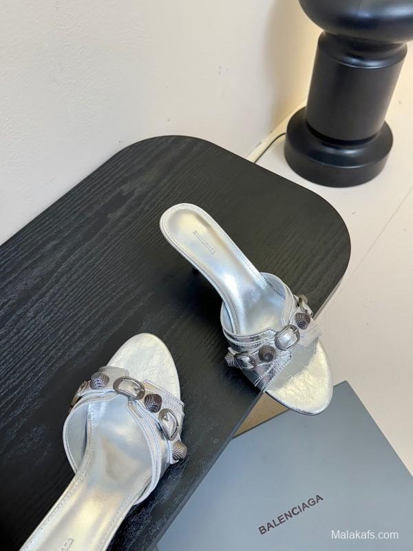 2025 Women Balenciaga Silver Leather High Heel Mules
