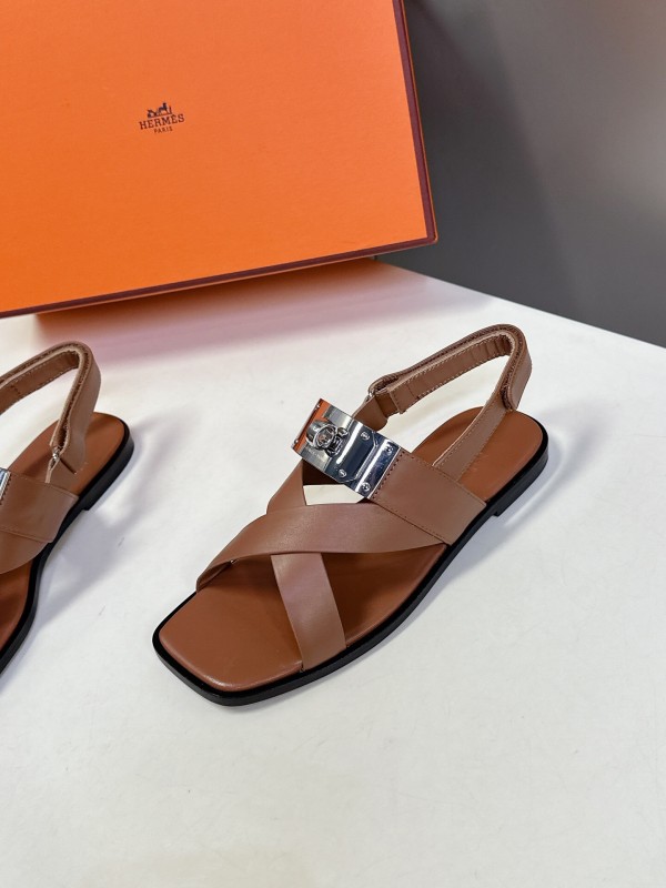 2025 Women Hermès Brown White Calfskin Leather Sandals Metal Hardware KFY00300