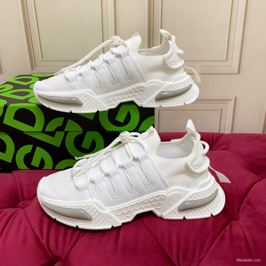 2024 Unisex Dolce & Gabbana White Knit Leather Sneakers MJ00340