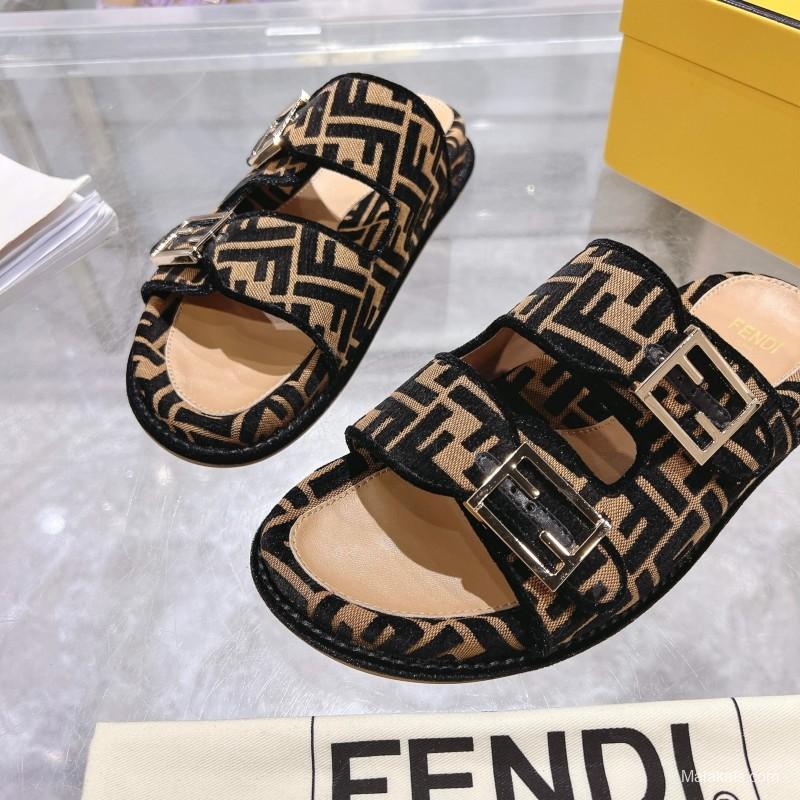 2025 Fendi Black Beige Fabric Slippers FF Buckle KFY00250