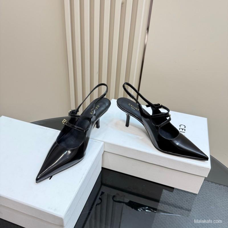2025 Women CELINE Black Patent Leather Slingback Heels
