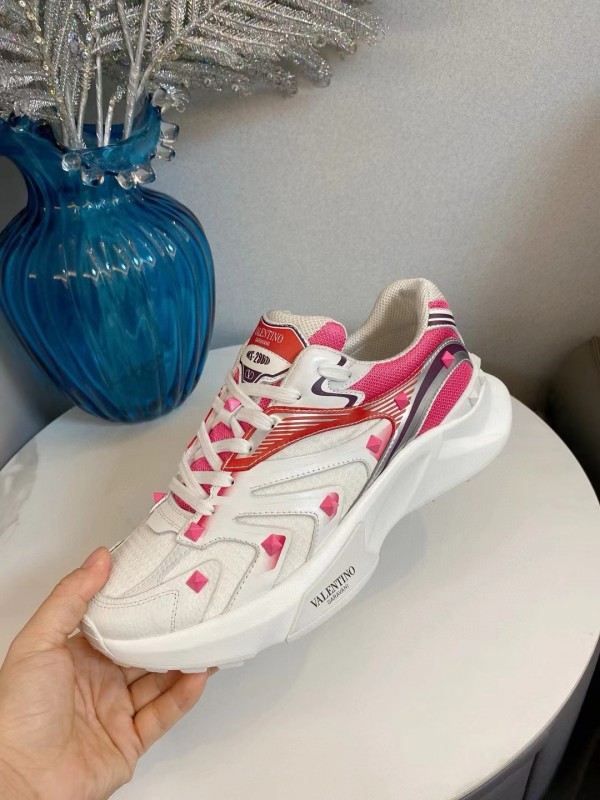 2024 Unisex Valentino White Pink Mesh Leather Sneakers MJ00410