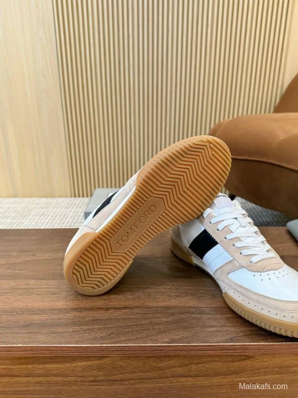 2025 Unisex TOM FORD White Black Beige Leather Suede Sneakers LY00360