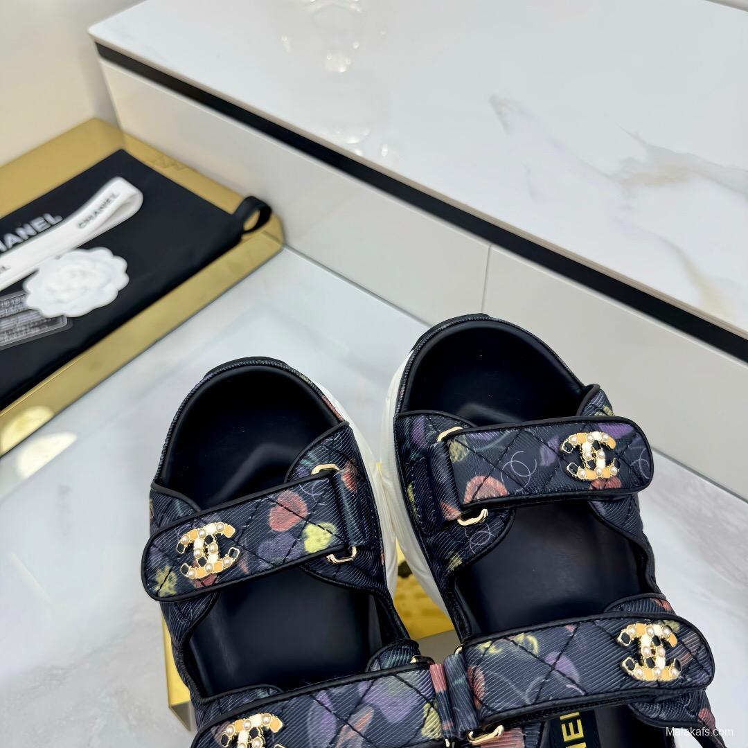 2025 Women Chanel Black Multicolor Fabric Leather Sandals LY00330