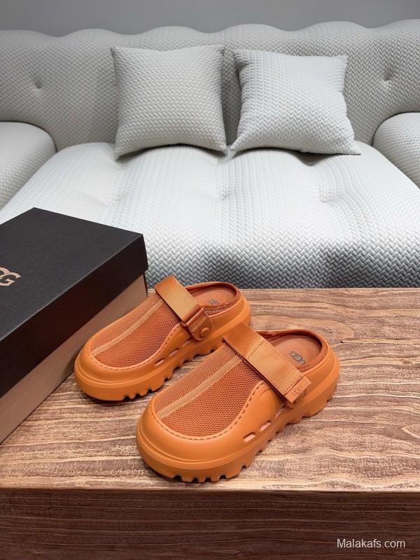 2025 UGG Brown Leather Mesh Slippers KFY00220