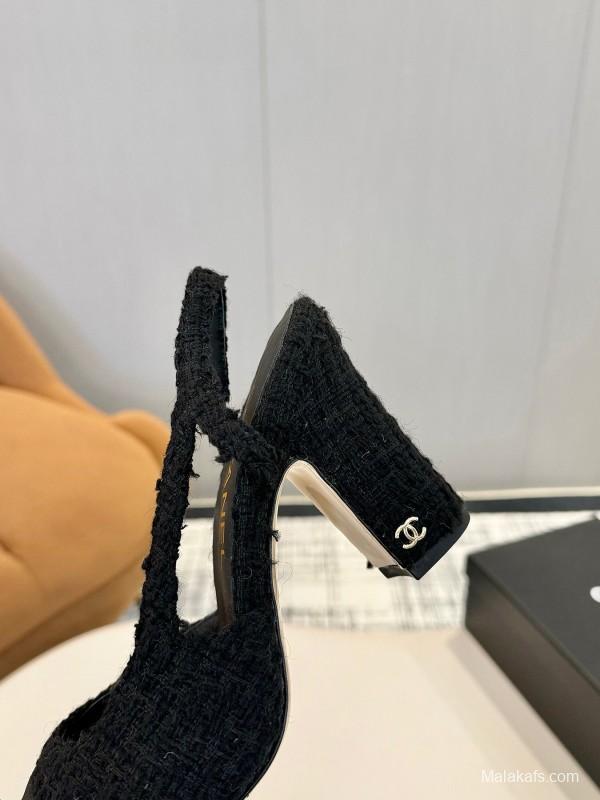 2025 Women Chanel Black Wool Leather Pumps LY00270