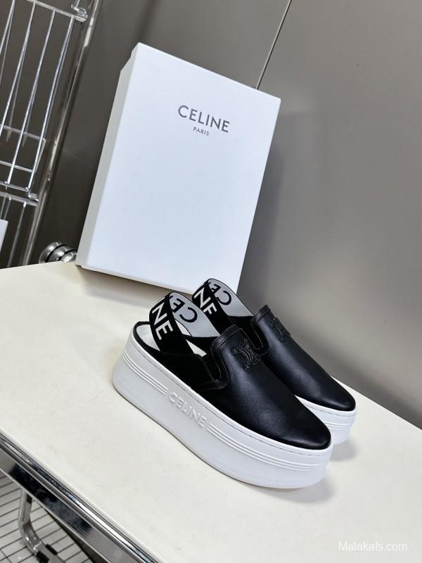 2025 Women CELINE Black White Leather Slip-On Sneakers LY00280