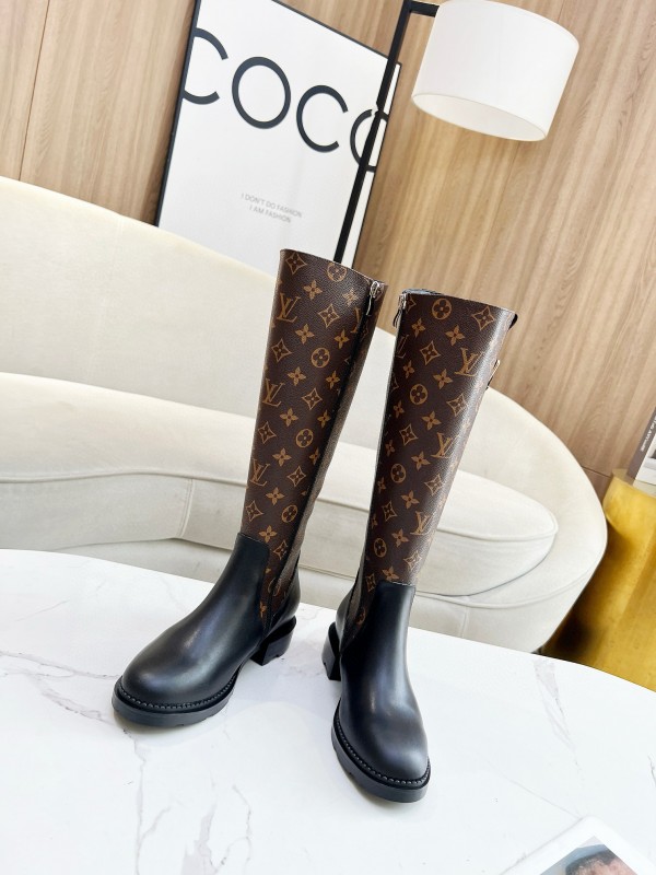 2024 Women Louis Vuitton Brown Black Leather Canvas Boots MJ00430