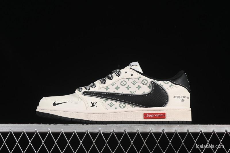 Nike Travis Scott x Fragment Design x Air Jordan 1 Low OG SP AJ1 Low Top Casual Sneakers with Metallic Black Swoosh - YX5066-335